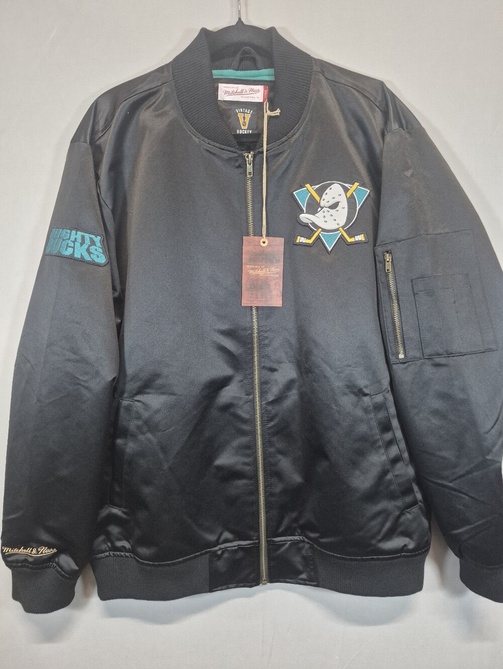 Mitchell & Ness Anaheim Mighty Ducks Satin Bomber Jacket Black NHL Vintage Large